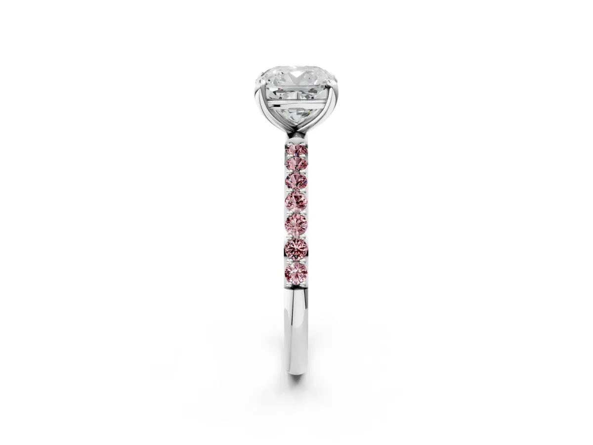 Cushion Cut Diamond Solitaire Ring with Round Morganite Pavé Band and Prong Setting Silver