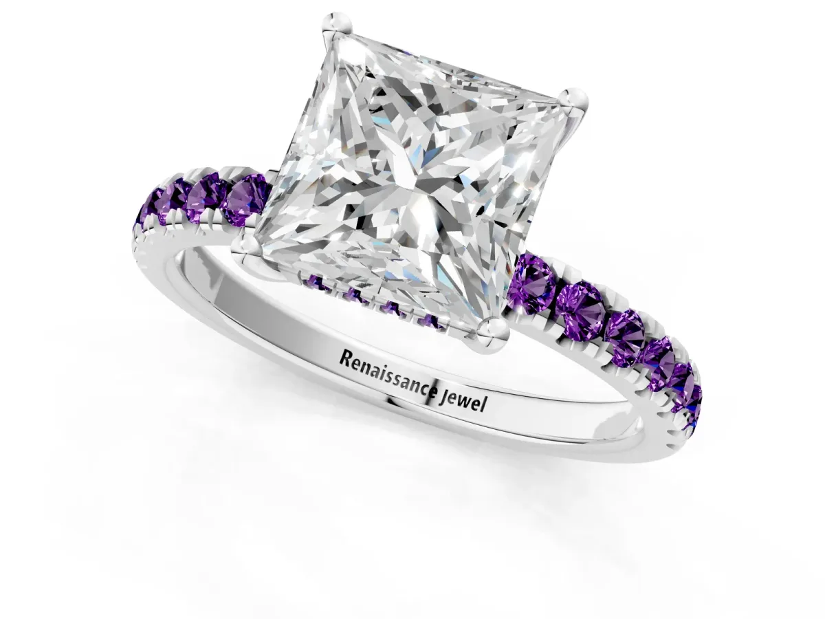 Princess Cut Diamond Pave Band Solitaire Ring with Round Amethyst and Prong Setting Silver