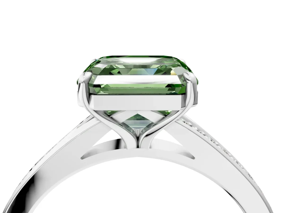 Fancy Green Asscher Cut Diamond Solitaire Ring with Pavé Band and Prong Setting Platinum