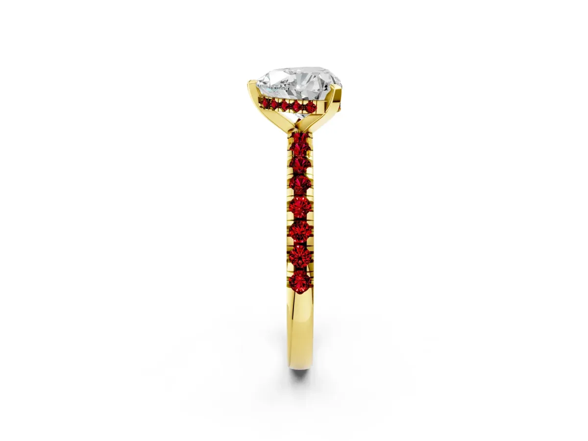 Heart Cut Diamond Solitaire Ring with Round Ruby Pavé Band and Four-Prong Setting Yellow gold