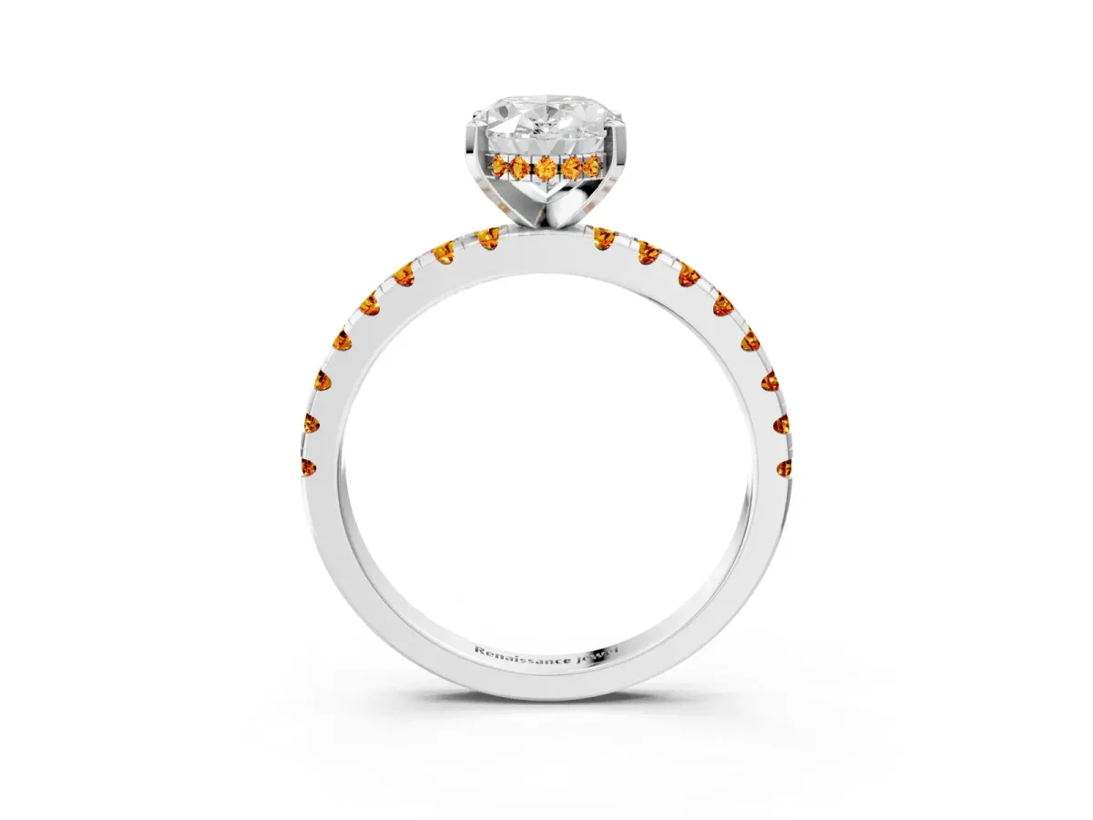Oval Cut Diamond Solitaire Ring with Round Citrine Pavé Band and Four-Prong Setting Silver