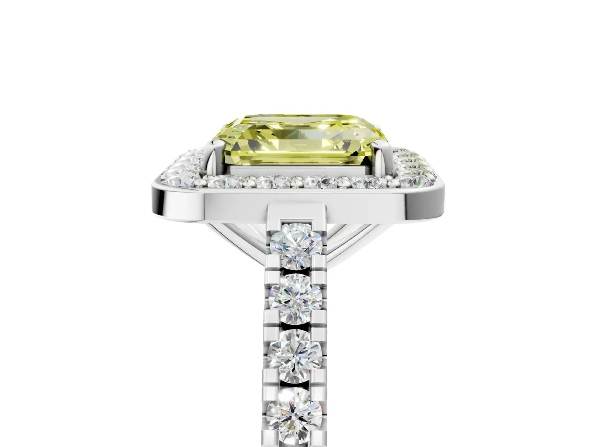 Fancy Yellow Asscher Cut Diamond Halo Ring with Round Pavé Split Shank and Prong Setting Platinum