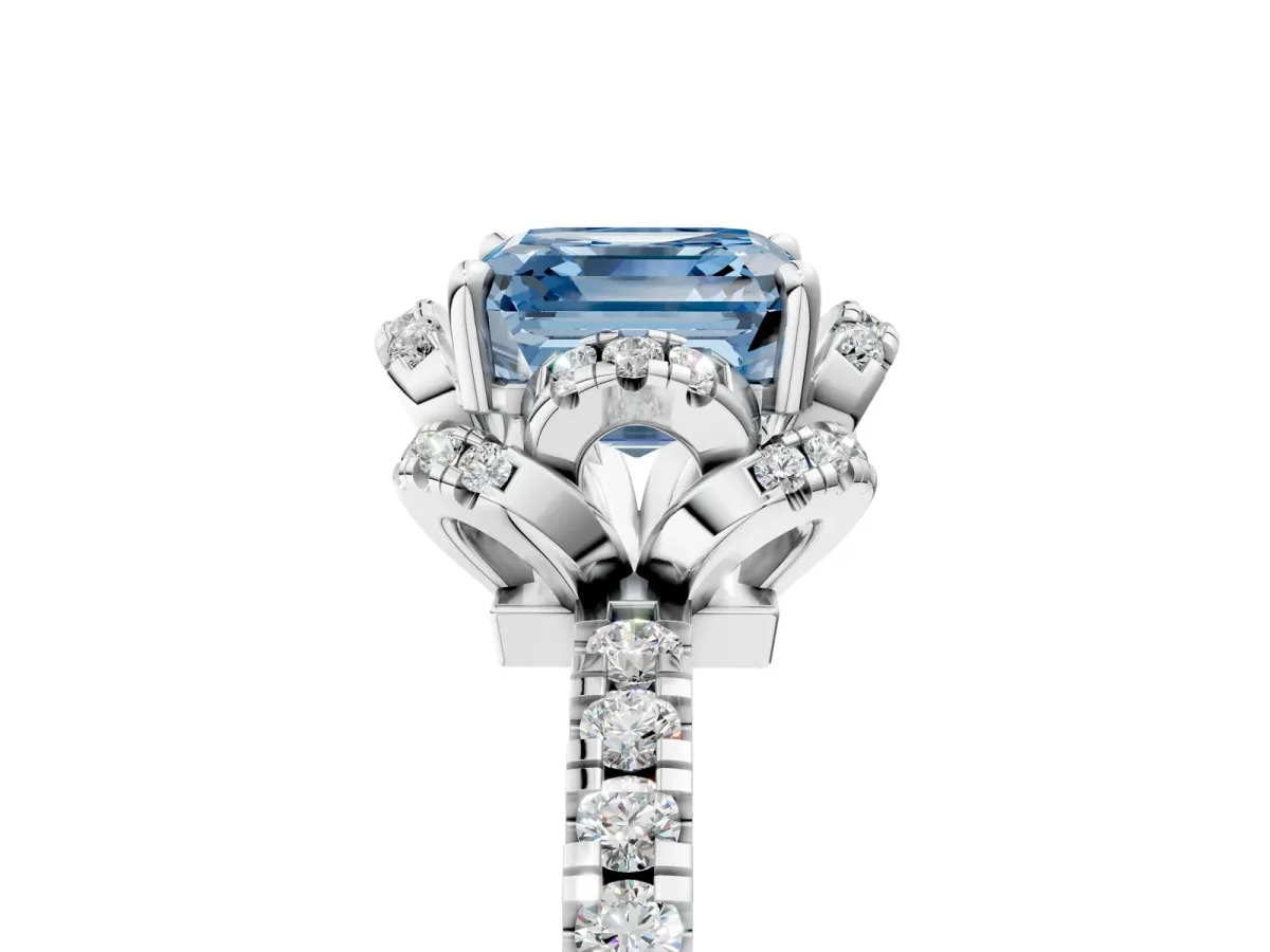 Fancy Blue Asscher Cut Halo Diamond Pave Band Ring with Four-Prong Setting Platinum