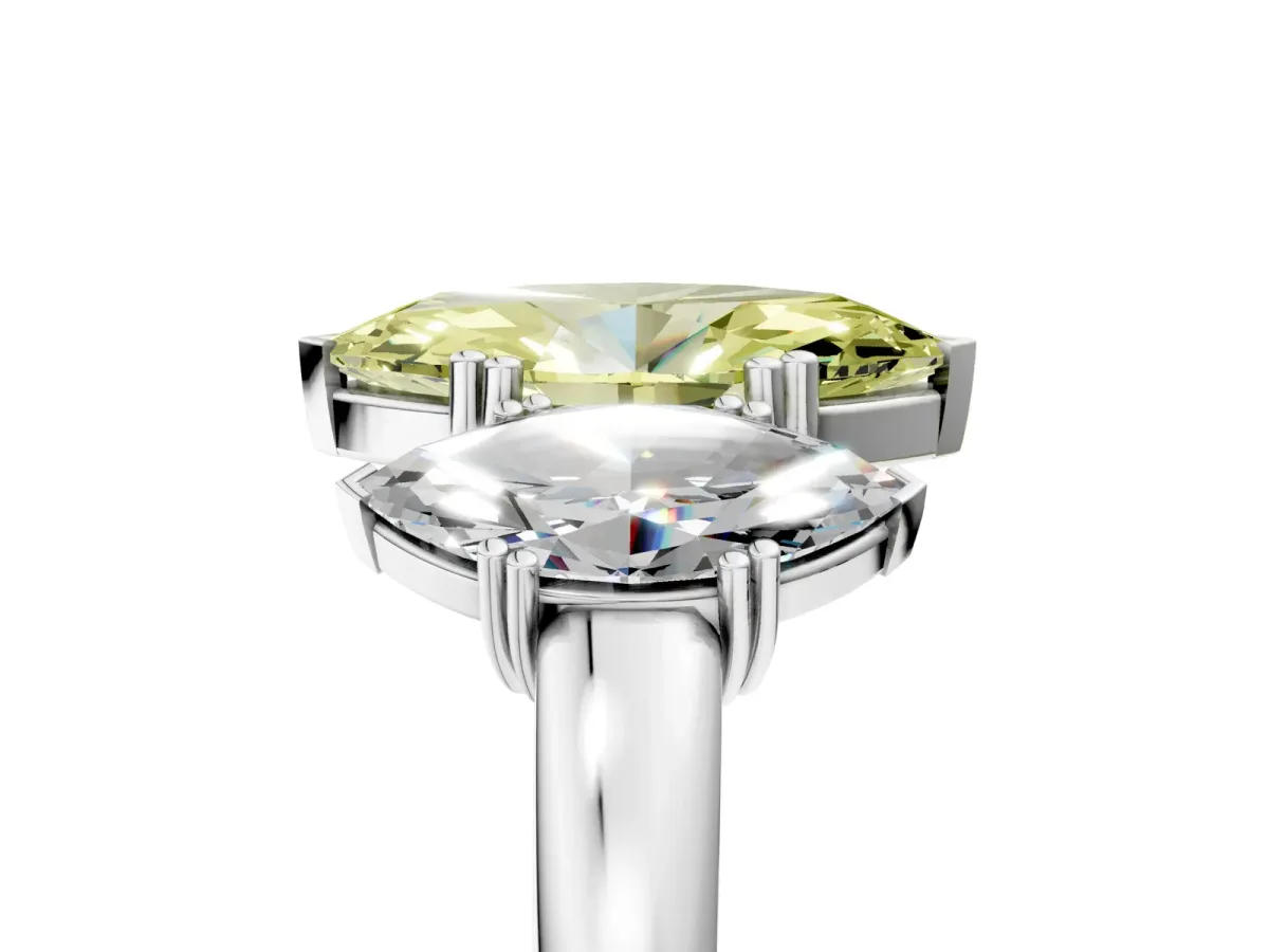 Fancy Yellow Three-Stone Marquise Cut Cut Diamond Ring with Channel Set Band and Four-Prong Setting Silver