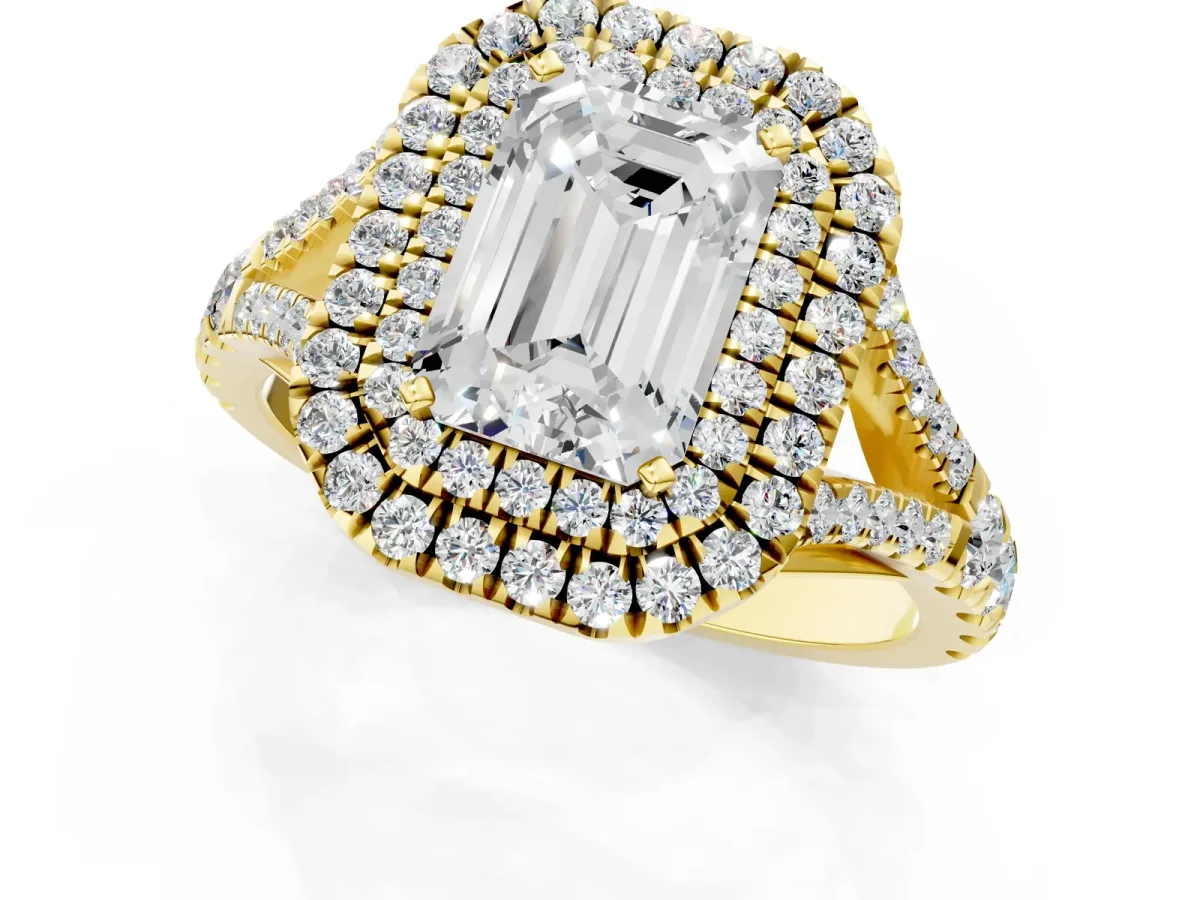 Double Halo Emerald Cut Diamond Split Shank Engagement Ring with Four-Prong Setting Yellow gold