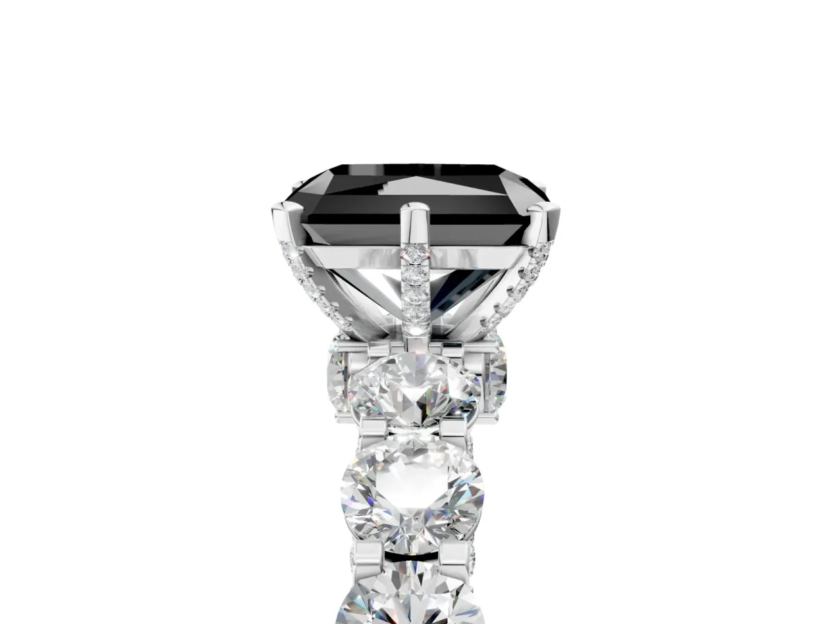 Fancy Black Radiant Cut Diamond Side Stone Engagement Ring with Four-Prong Setting White gold
