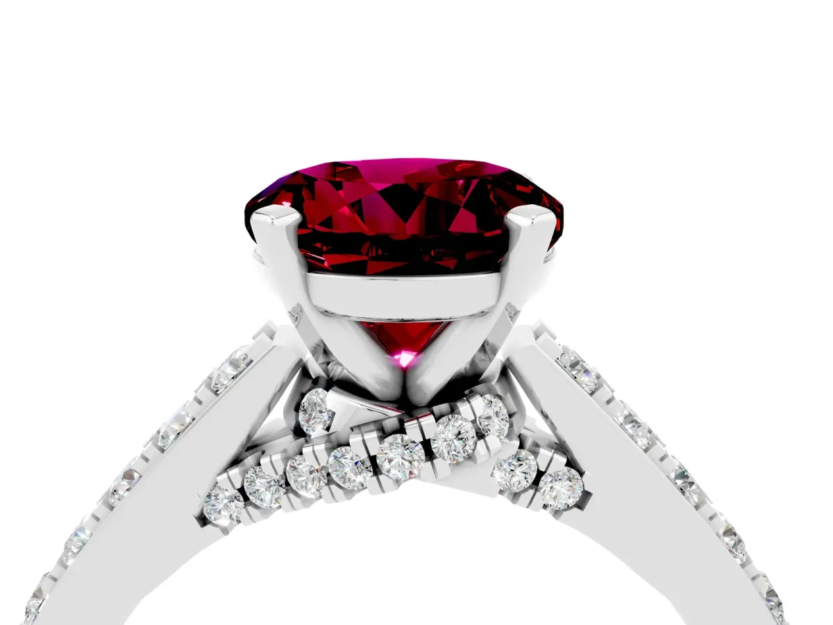 Round Cut Garnet Solitaire Ring with Crossover Gallery and Round Pavé Band Silver