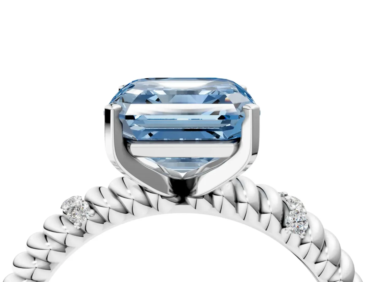 Fancy Blue Asscher Cut Solitaire Twisted Band Prong Set Engagement Ring Silver