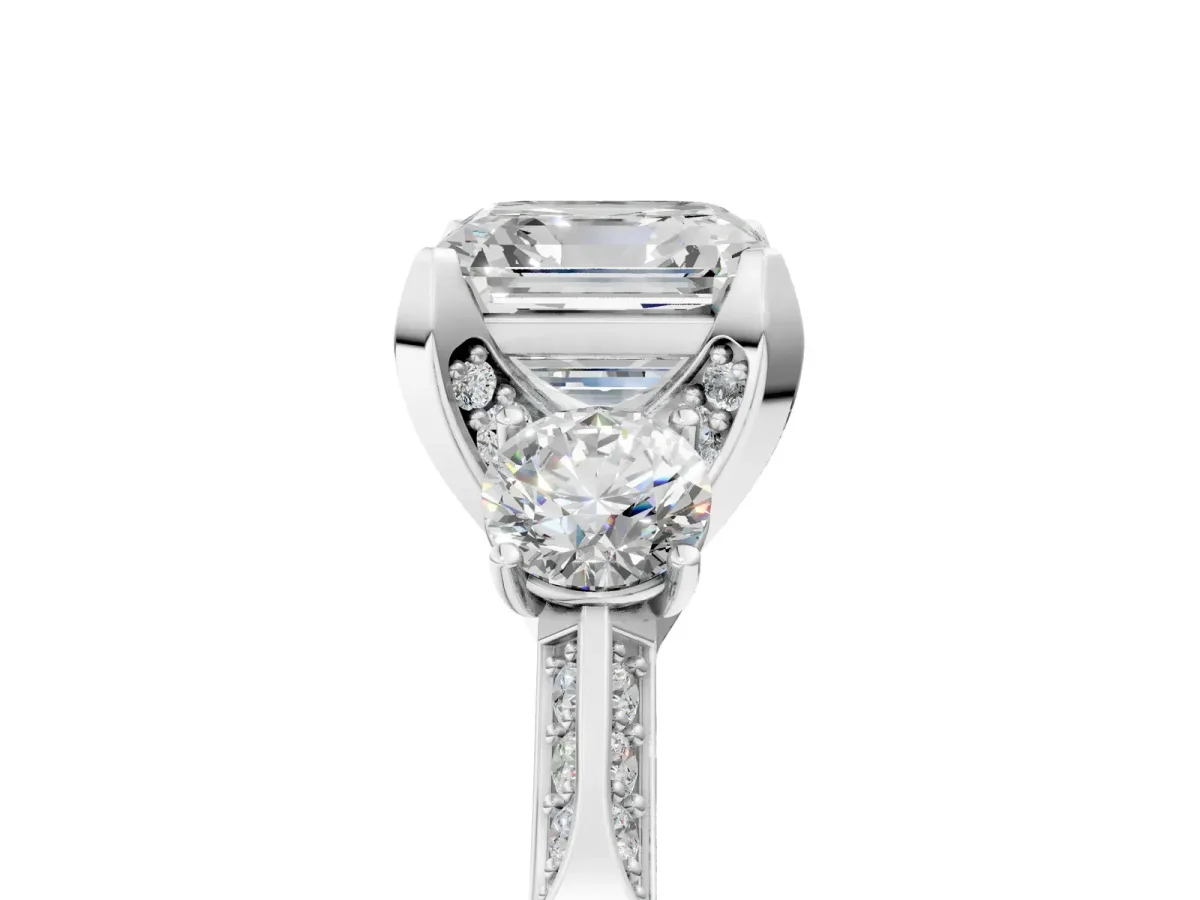 Asscher Cut Brilliant Three-Stone Diamond Ring with Pavé Band and Four-Prong Setting Platinum