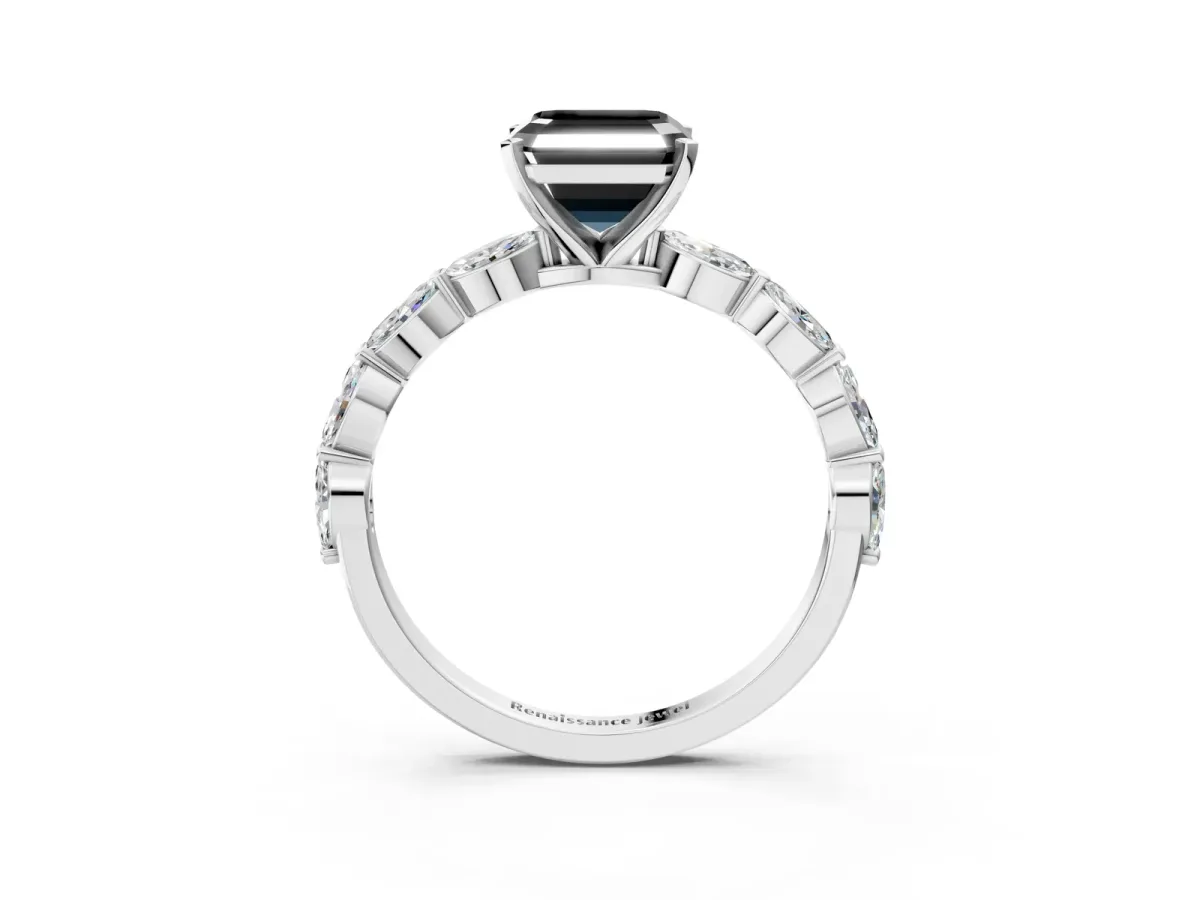 Fancy Black Asscher Cut Diamond Ring with Marquise Side Stones and Prong Setting Platinum