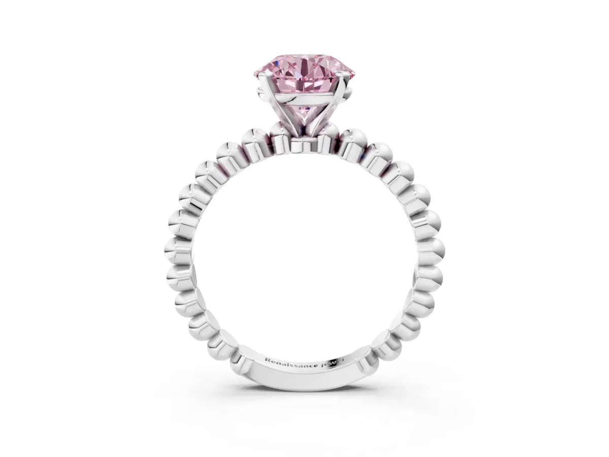 Fancy Pink Round Cut Diamond Solitaire Ring with Beaded Band and Prong Setting Platinum
