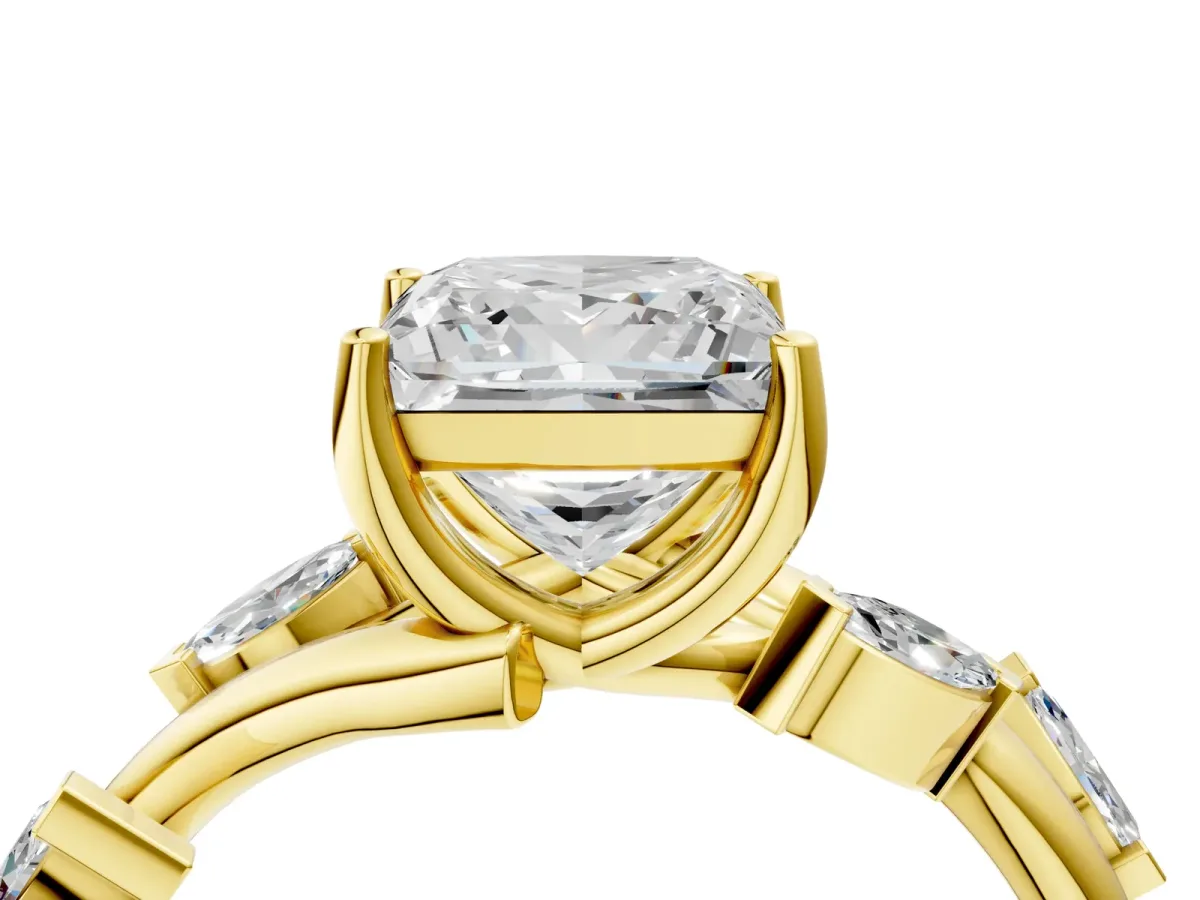 Princess Cut Solitaire Twisted Band Marquise Accent Prong Setting Ring Yellow gold