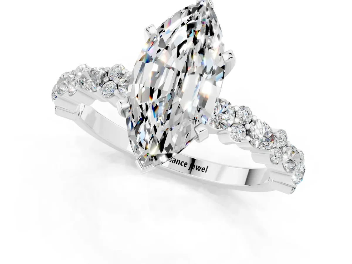 Marquise Cut Moissanite Side Stone Solitaire Ring with Round and Four-Prong Setting Silver