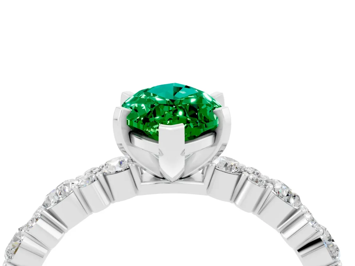 Marquise Cut Emerald Side Stone Solitaire Ring with Round and Four-Prong Setting Silver