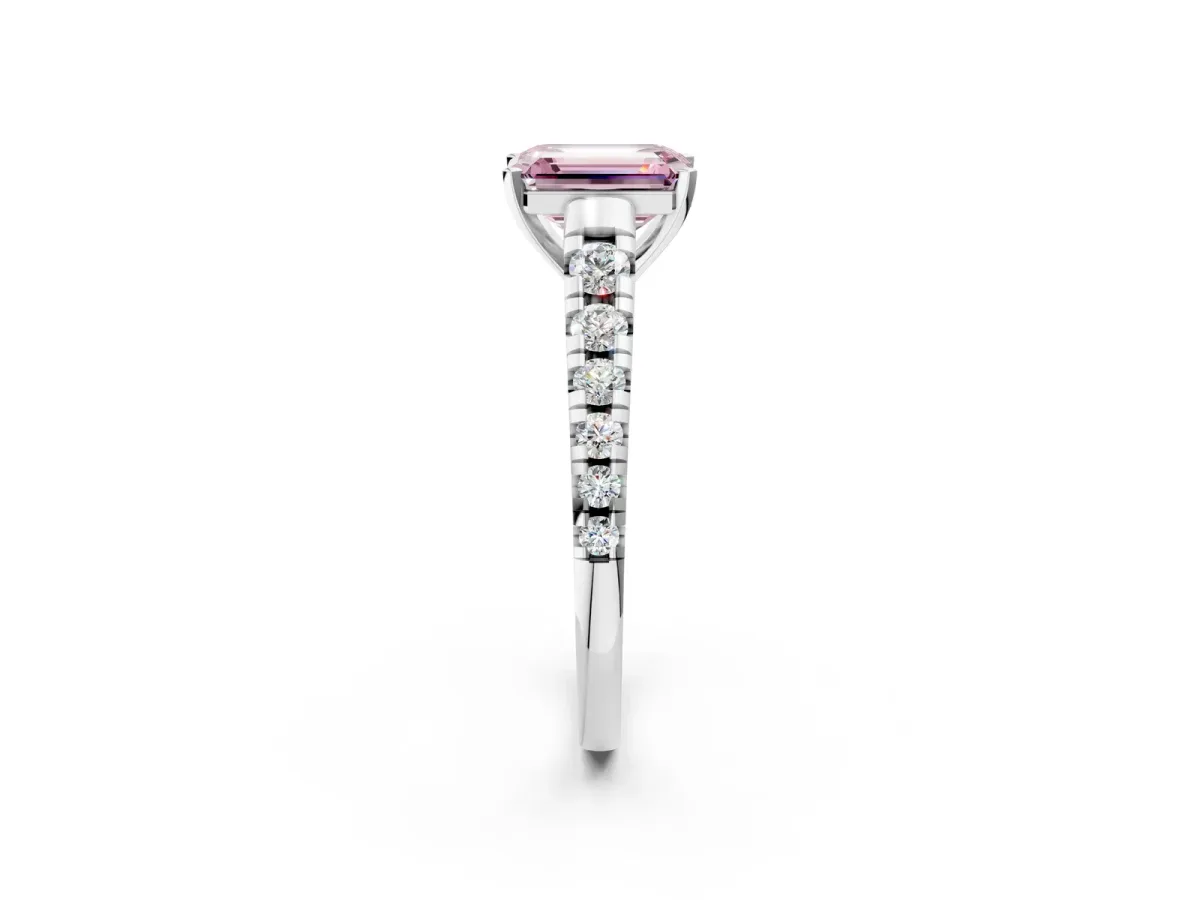 Fancy Pink Emerald Cut Diamond Cathedral Solitaire Ring with Round Pavé Band Platinum