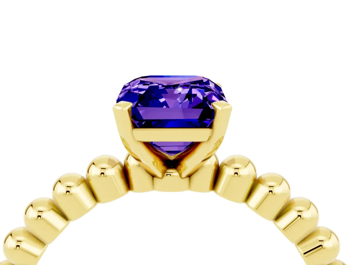 Emerald Cut Tanzanite Solitaire Ring with Beaded Band and Prong Setting Yellow gold