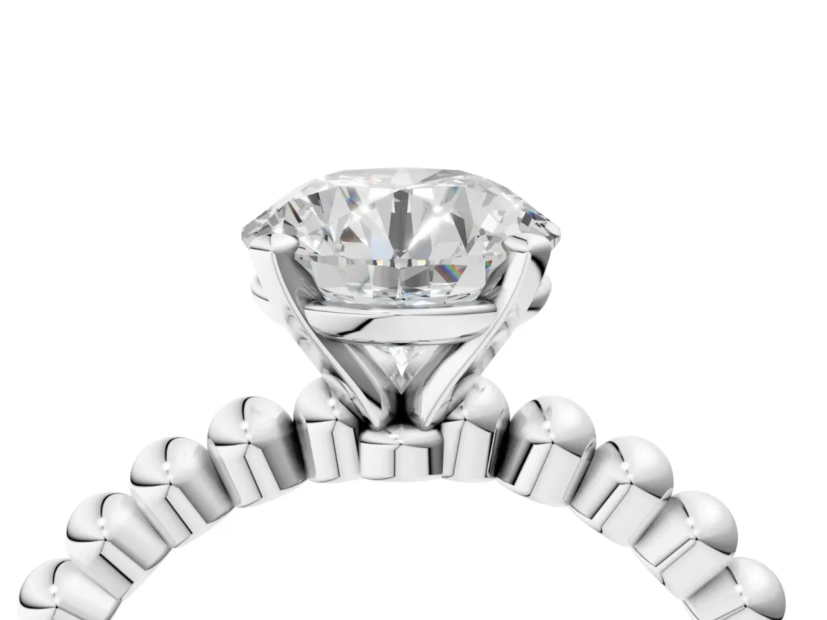 Round Cut Diamond Solitaire Ring with Beaded Band and Prong Setting White gold