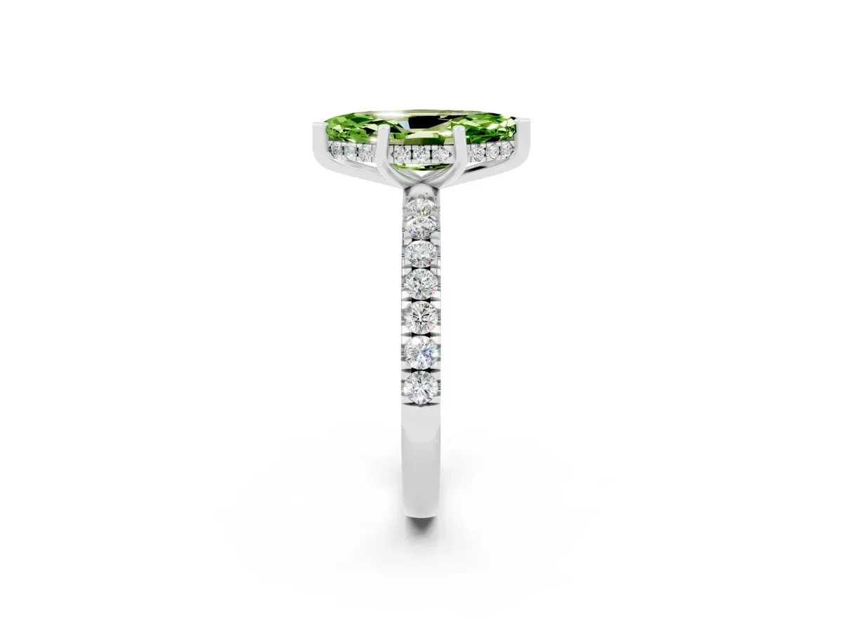 Marquise Cut Peridot Pave Band Solitaire Ring with Round and Prong Setting Platinum