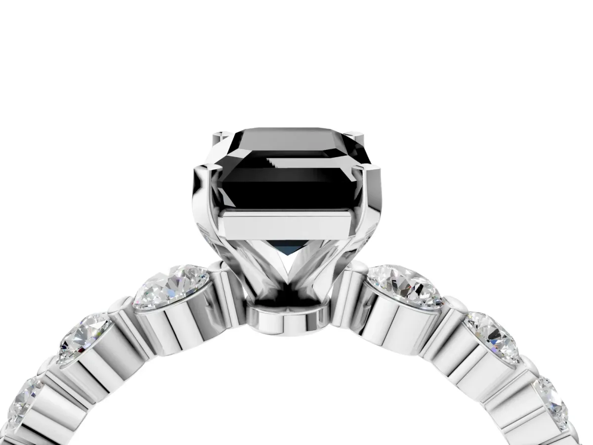 Fancy Black Emerald Cut Solitaire Diamond Ring with Pave Band and Four-Prong Setting Platinum