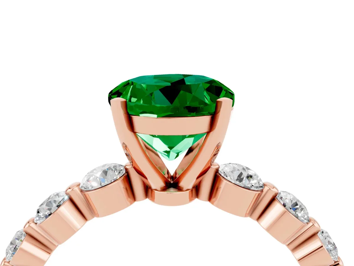 Round Cut Solitaire Emerald Ring with Pave Band and Four-Prong Setting Rose gold