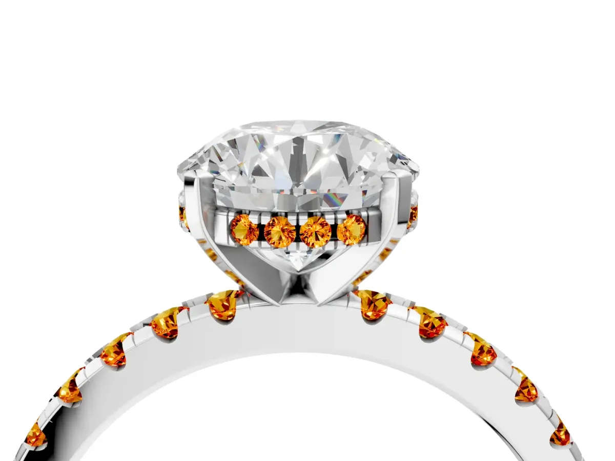 Round Cut Diamond Solitaire Ring with Round Citrine Pavé Band and Four-Prong Setting Silver
