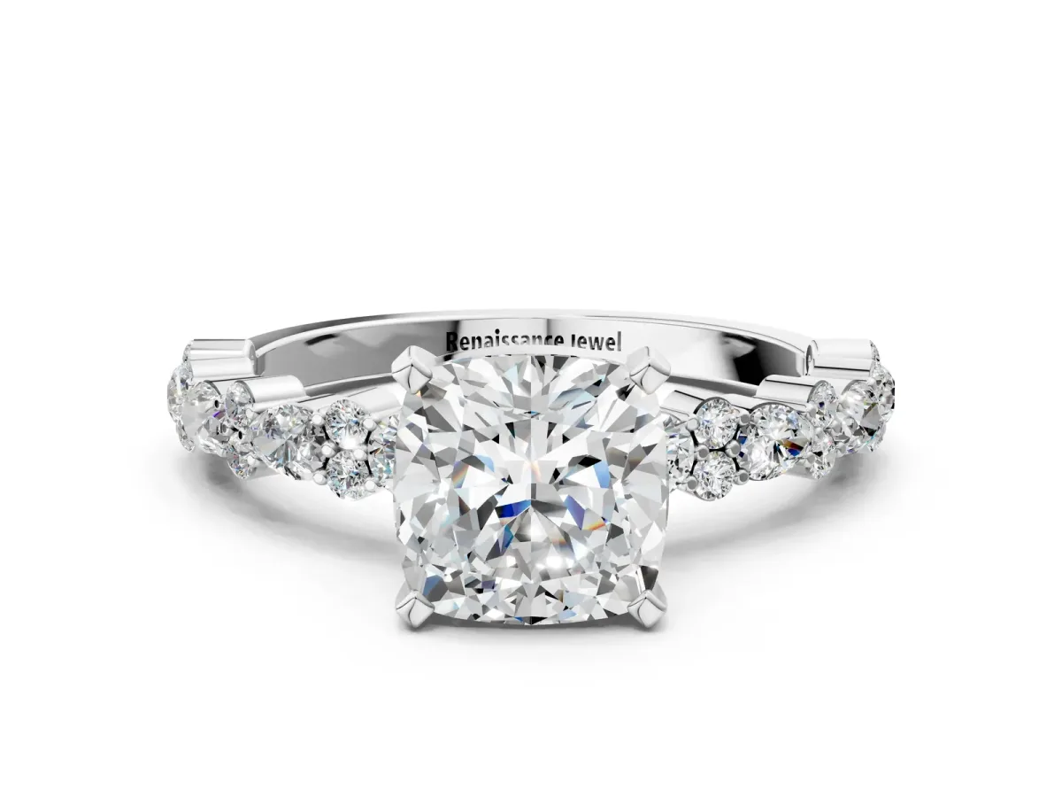 Cushion Cut Diamond Side Stone Solitaire Ring with Round and Four-Prong Setting Platinum