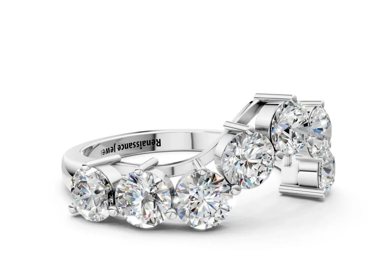 Curved Diamond Cluster Band - Round Stones, Split Shank, Prong Setting White gold