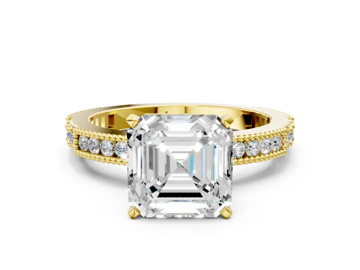 Asscher Cut Solitaire with Pavé Band and Four-Prong Setting Yellow gold