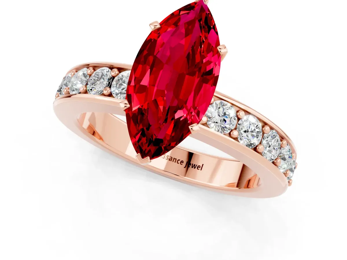 Marquise Cut Ruby Engagement Ring with Channel Set Round Band and Prong Setting Rose gold
