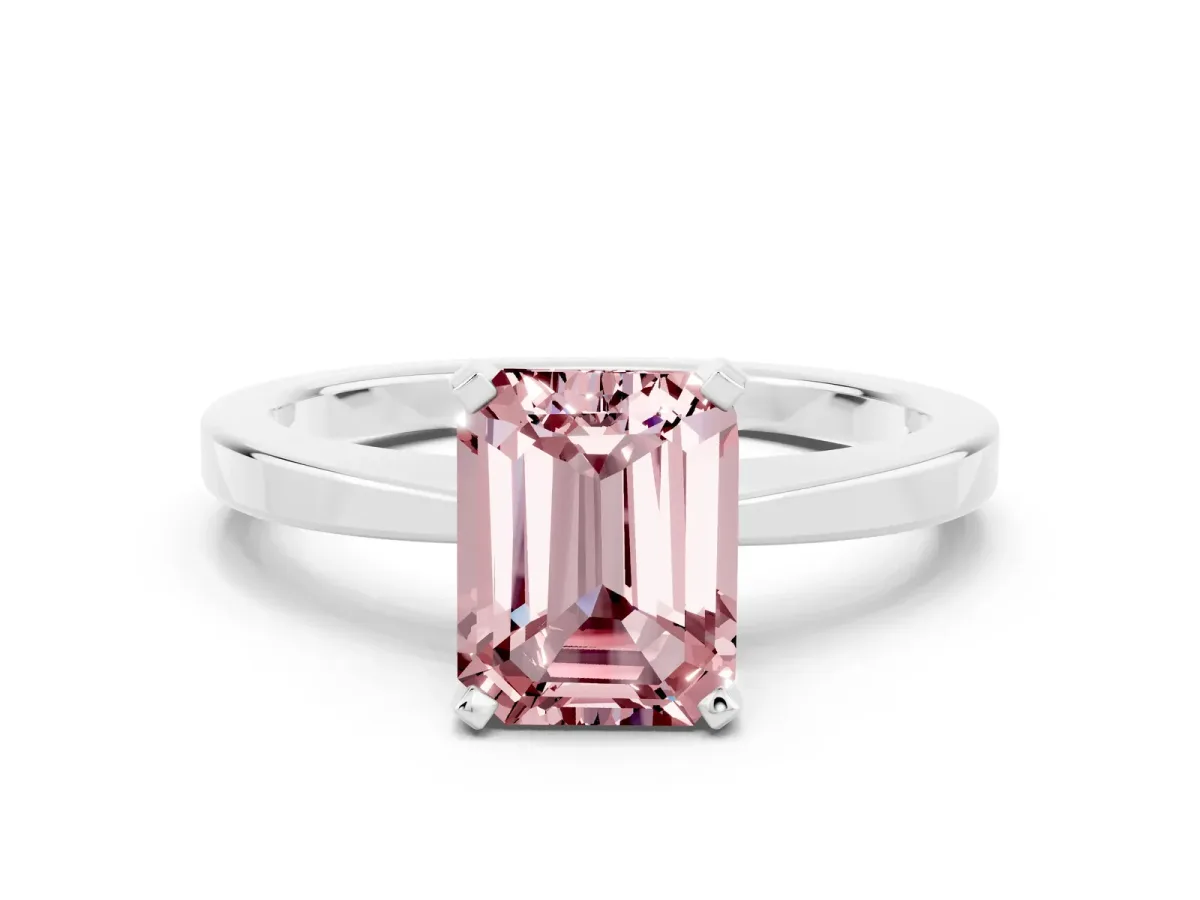 Emerald Cut Morganite Solitaire Engagement Ring with Classic Band and Four-Prong Setting Silver