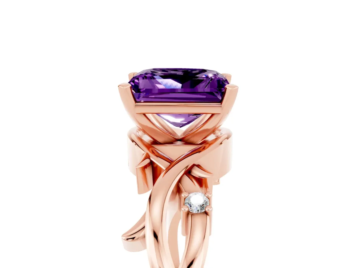 Princess Cut Amethyst Solitaire Ring with Twisted Band and Prong Setting Rose gold