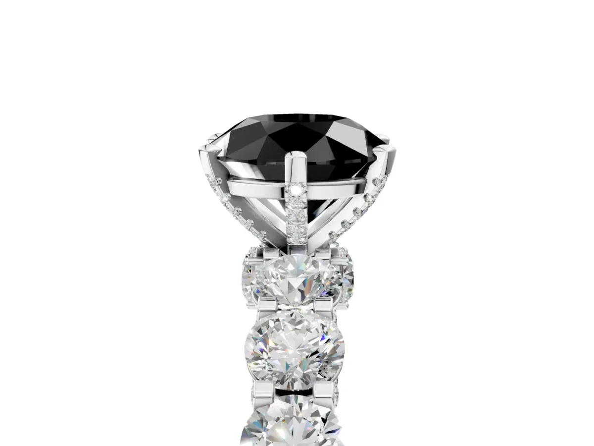 Fancy Black Round Cut Diamond Side Stone Engagement Ring with Four-Prong Setting White gold