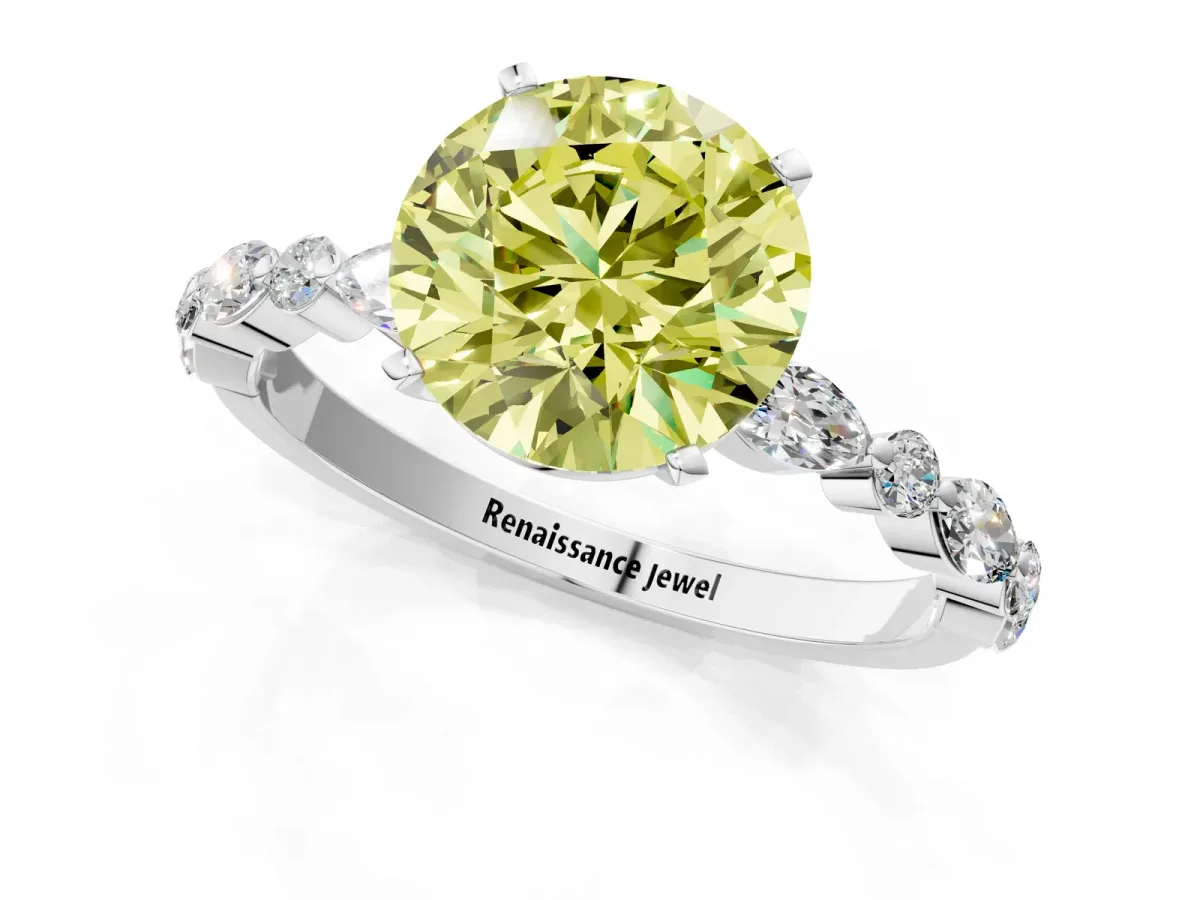Fancy Yellow Round Cut Diamond Ring with Marquise and Round Side Stones and Four-Prong Setting Silver