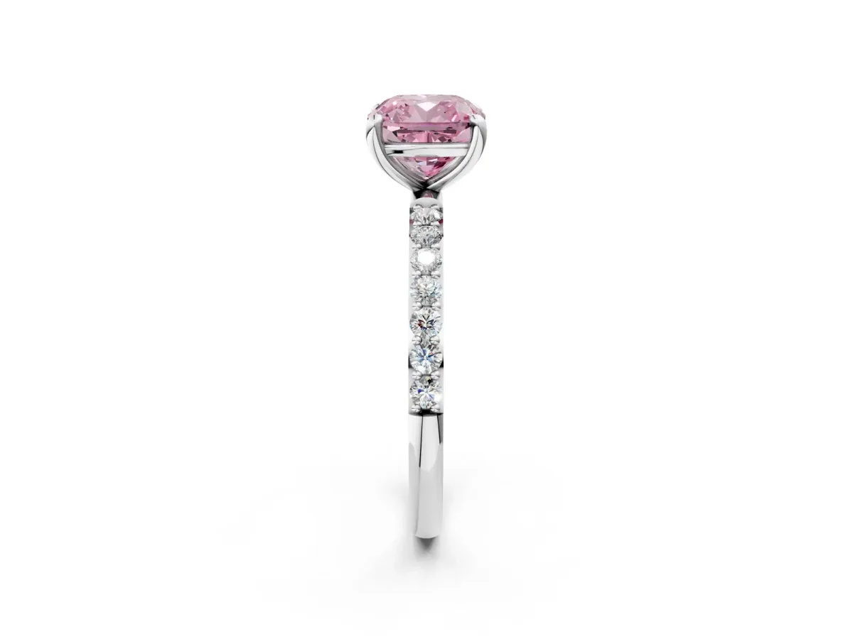 Fancy Pink Cushion Cut Diamond Solitaire Ring with Round Pavé Band and Prong Setting Silver