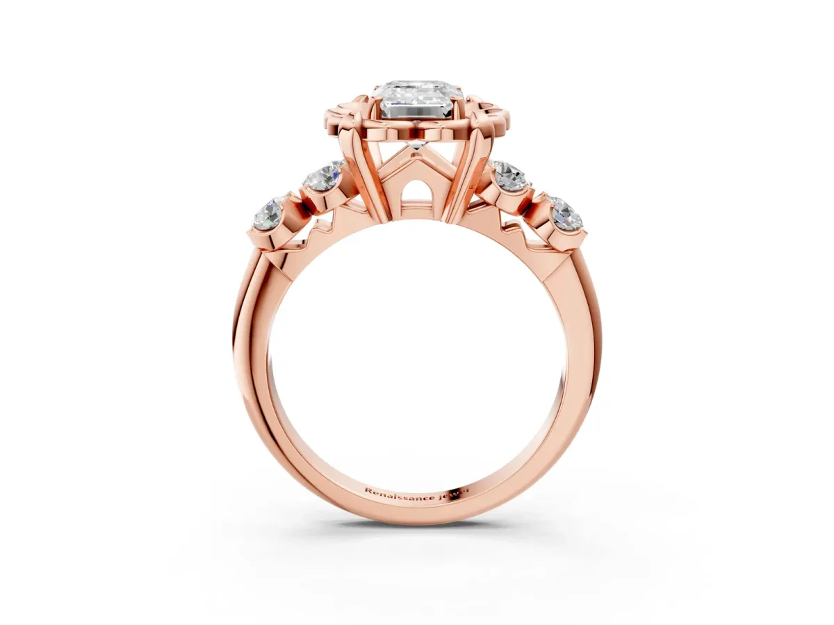Emerald Cut Cut Diamond Floral Halo Engagement Ring with Shared Prong Setting Rose gold