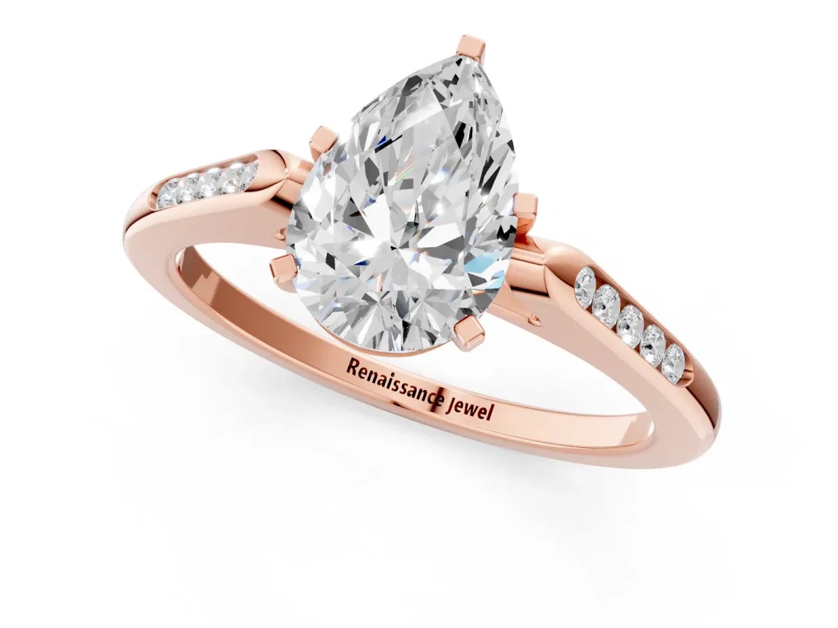 Pear Cut Diamond Solitaire Ring with Channel Set Round Band and Prong Setting Rose gold