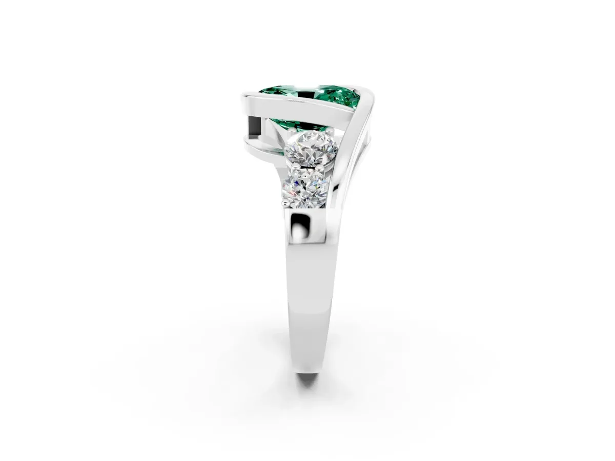 Bezel Set Oval Cut Green Sapphire Bypass Ring with Round Accents Silver