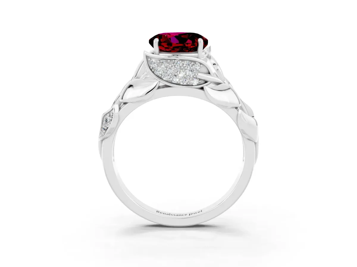 Round Cut Garnet Leaf-Inspired Engagement Ring with Round Accents and Prong Setting Silver