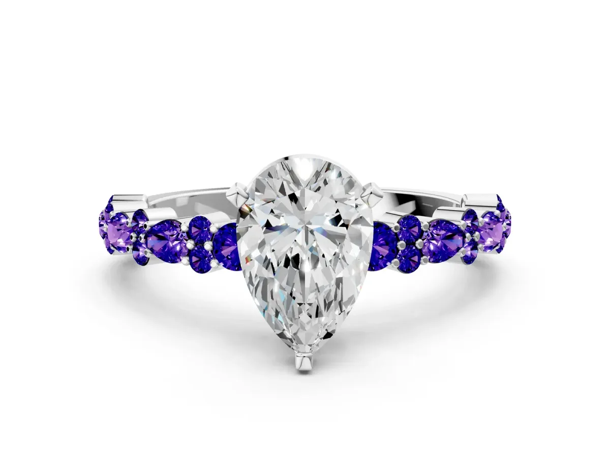 Pear Cut Diamond Side Stone Solitaire Ring with Round Tanzanite and Four-Prong Setting Silver