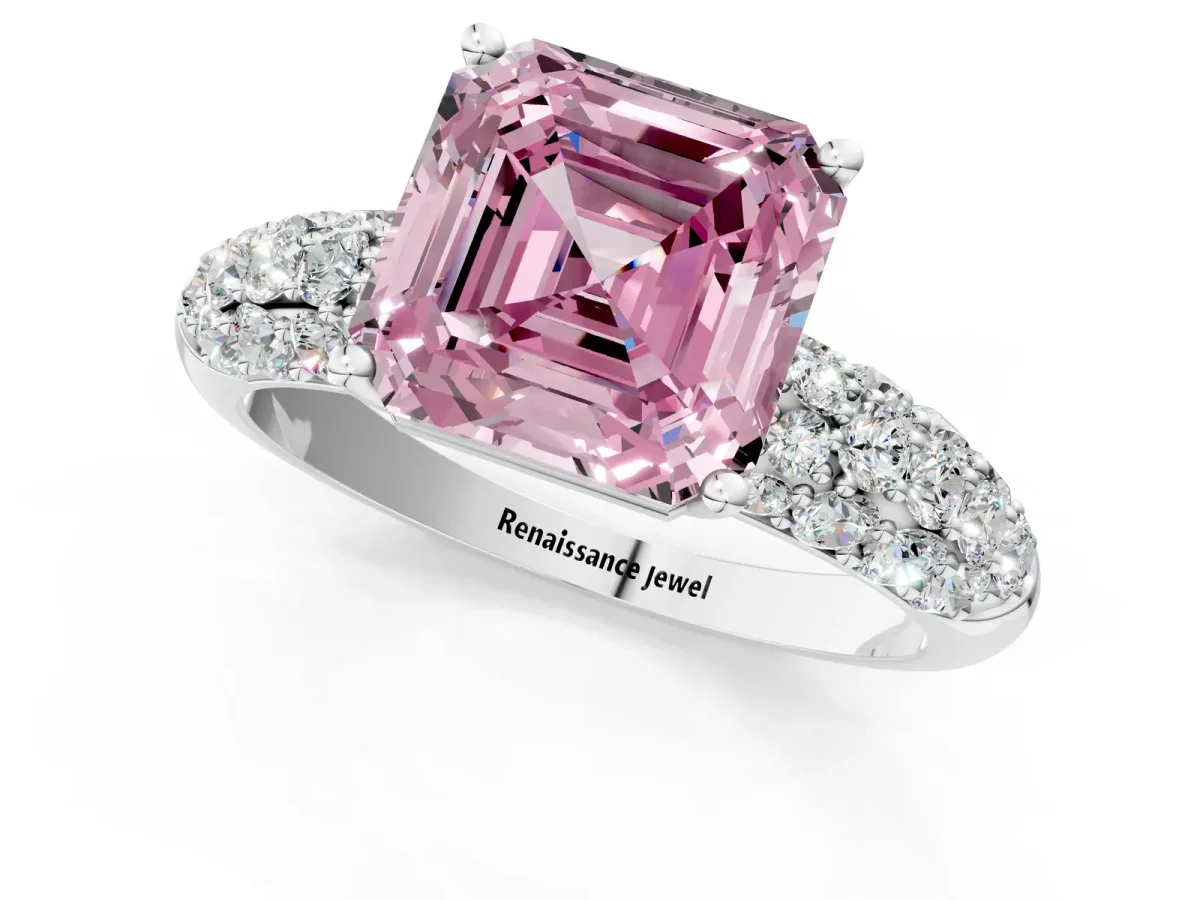 Fancy Pink Asscher Cut Diamond Pavé Band Solitaire Ring with Four-Prong Setting Platinum