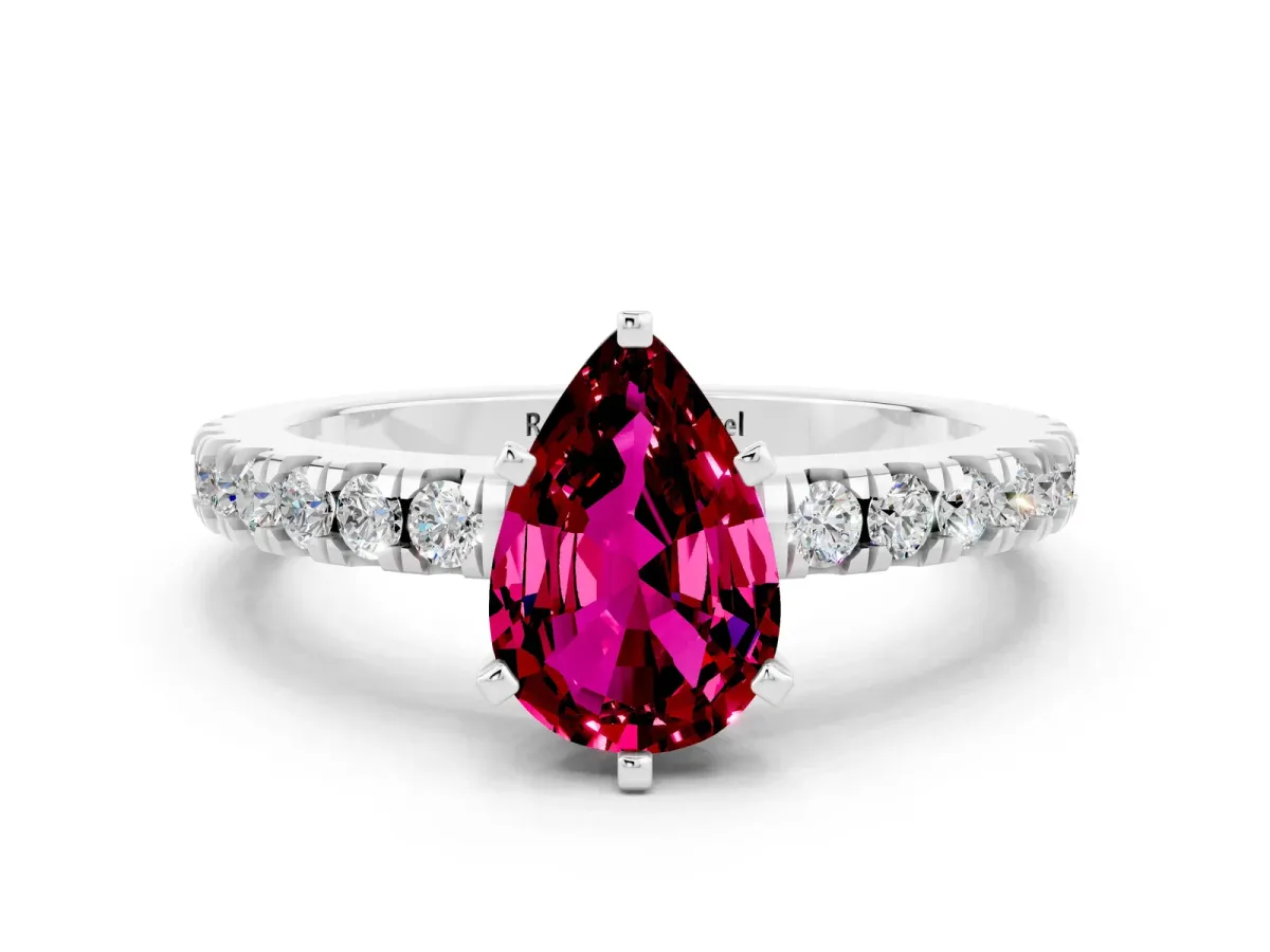 Pear Cut Solitaire Garnet with Pavé Band and Four-Prong Setting Platinum