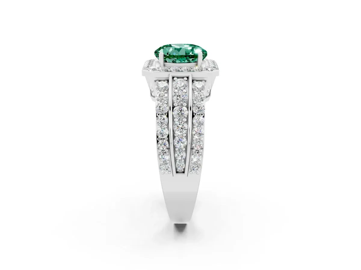 Round Cut Halo Green Sapphire Ring with Round Split Shank and Prong Setting Silver