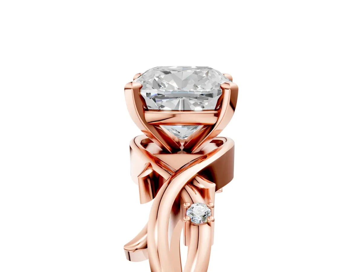 Cushion Cut Diamond Solitaire Ring with Twisted Band and Prong Setting Rose gold
