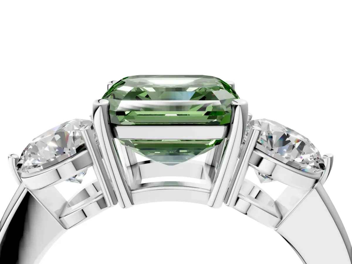 Fancy Green Asscher Cut Diamond Three-Stone Ring with Prong Setting and Classic Band Platinum