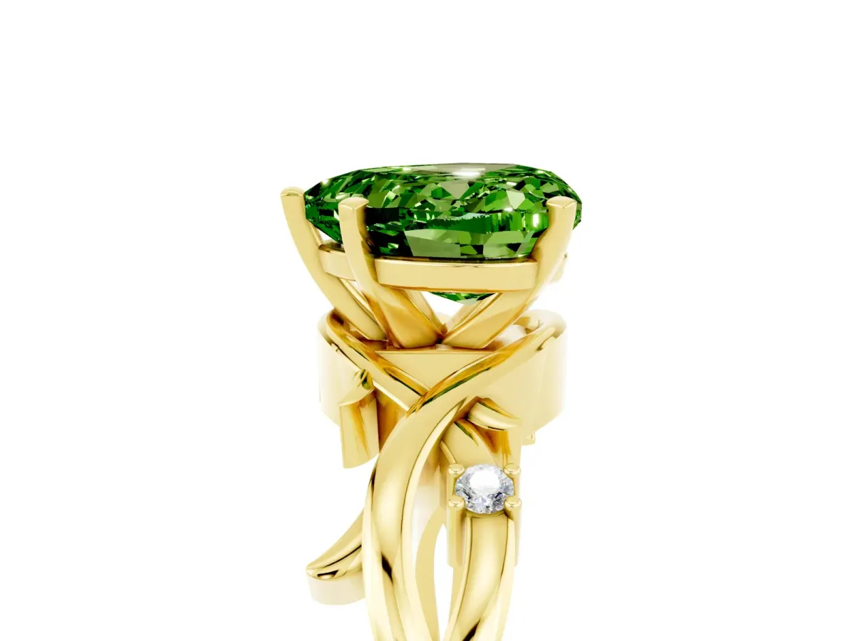 Heart Cut Peridot Solitaire Ring with Twisted Band and Prong Setting Yellow gold