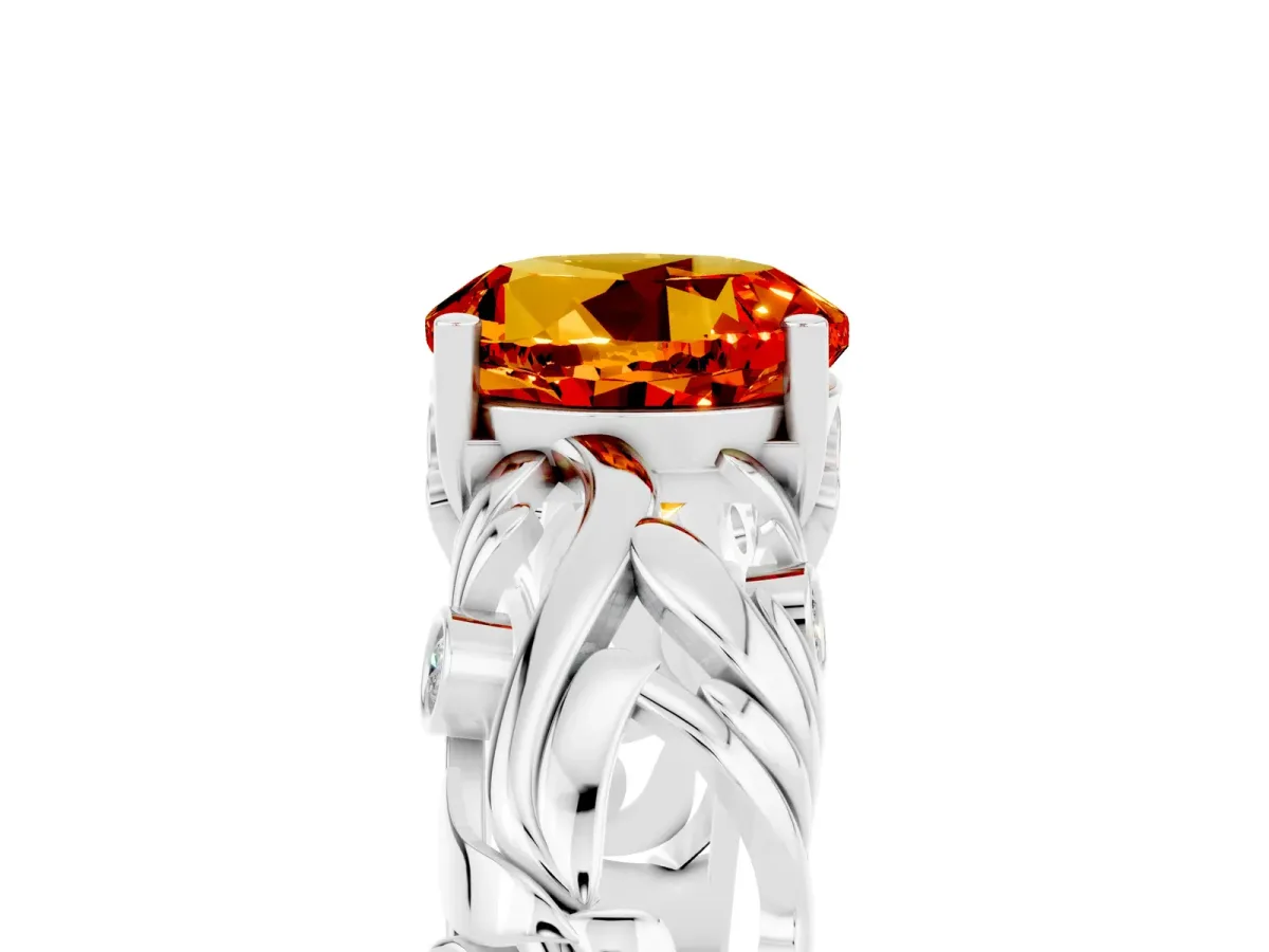 Round Cut Solitaire Citrine Leaf-Inspired Vine Band Ring with Prong Setting Silver