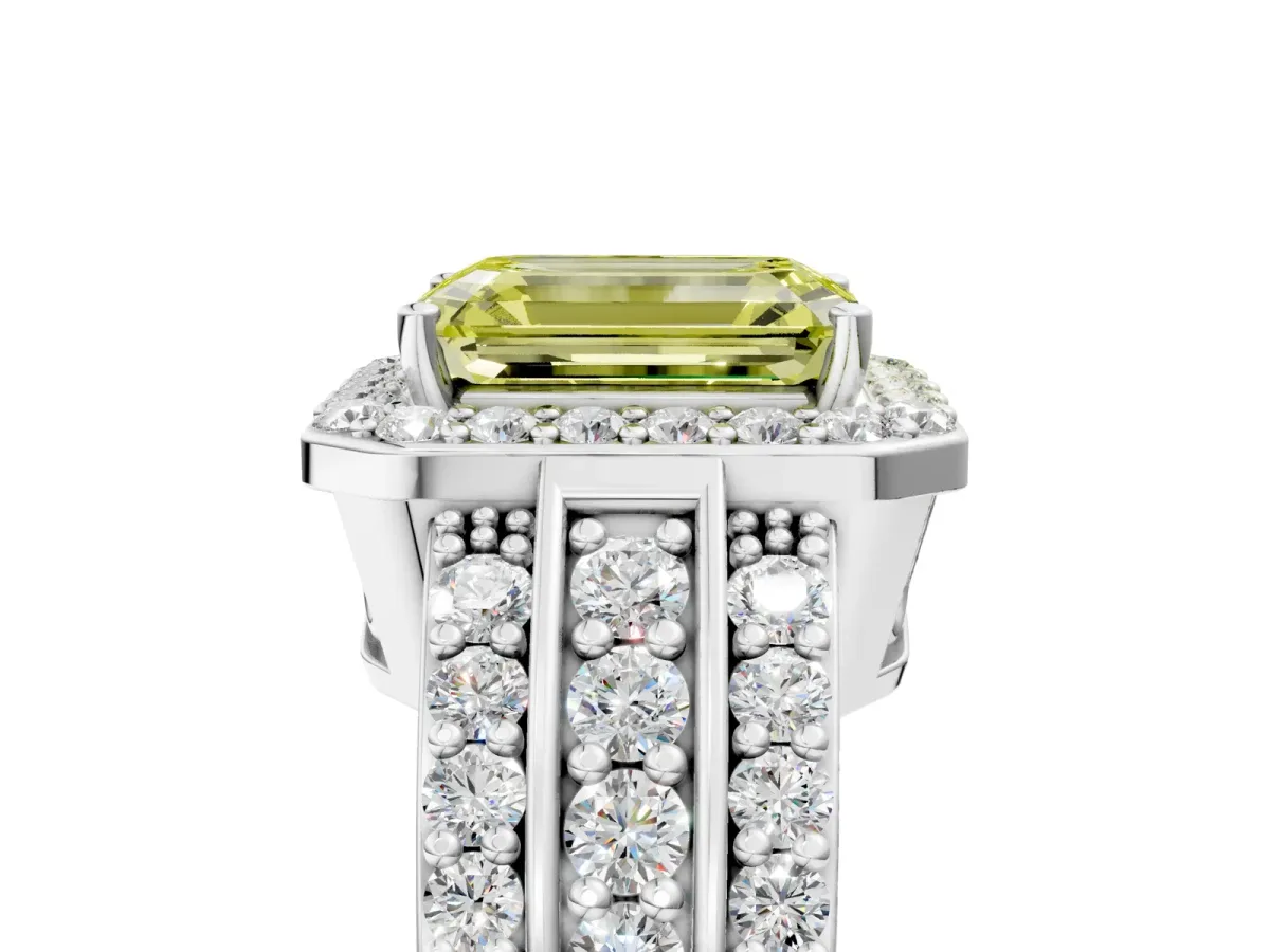 Fancy Yellow Emerald Cut Halo Diamond Ring with Round Split Shank and Prong Setting White gold