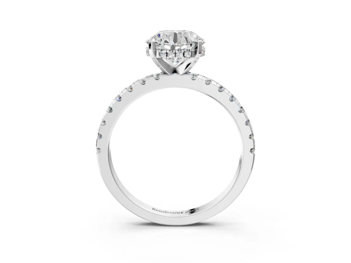 Round Cut Diamond Solitaire Ring with Round Pavé Band and Four-Prong Setting Silver