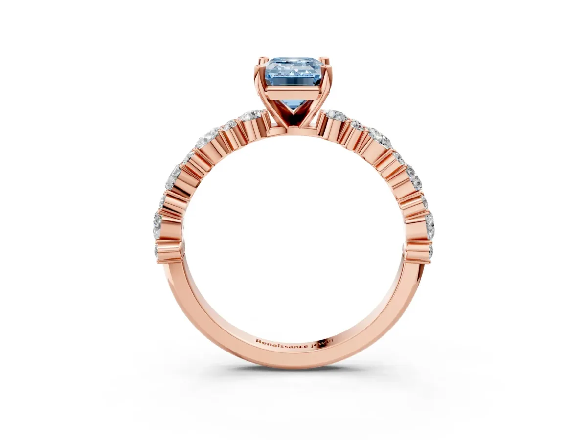 Fancy Blue Emerald Cut Diamond Side Stone Solitaire Ring with Round and Four-Prong Setting Rose gold
