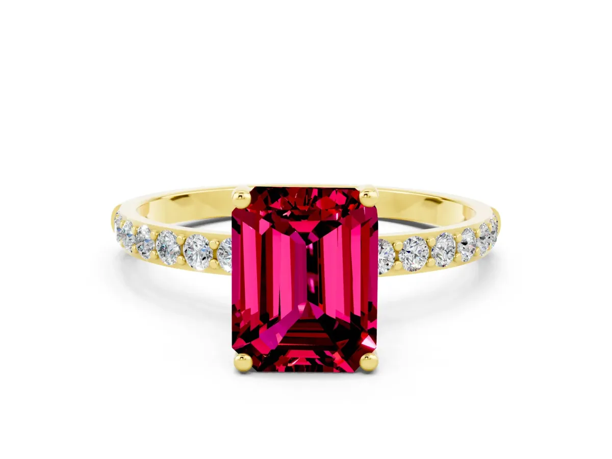 Emerald Cut Garnet Solitaire Ring with Round Pavé Band and Prong Setting Yellow gold